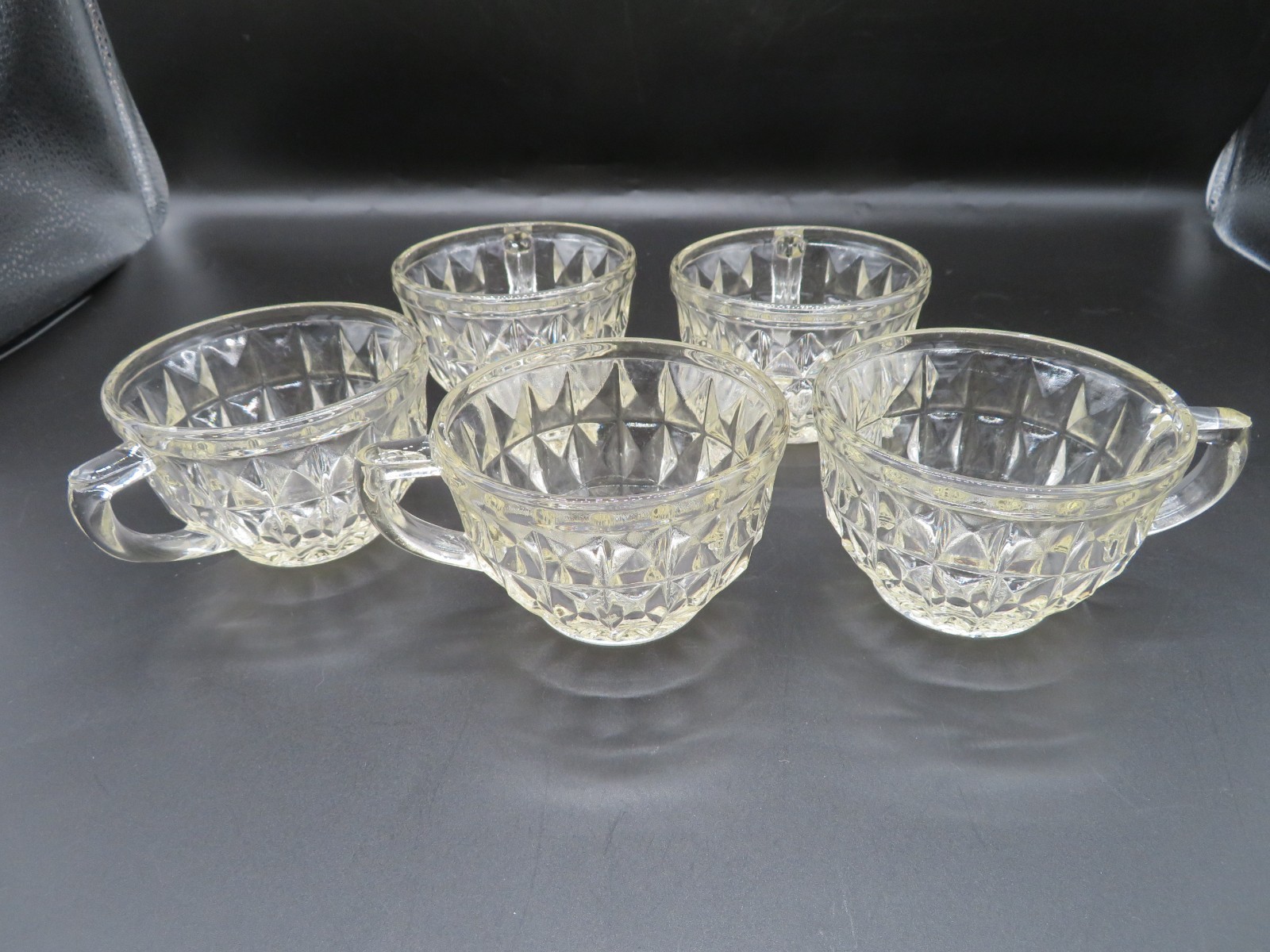 Set of 5 Jeannette Glass Clear Pressed Glass Cube Cubist Pattern Punch Bowl Cups