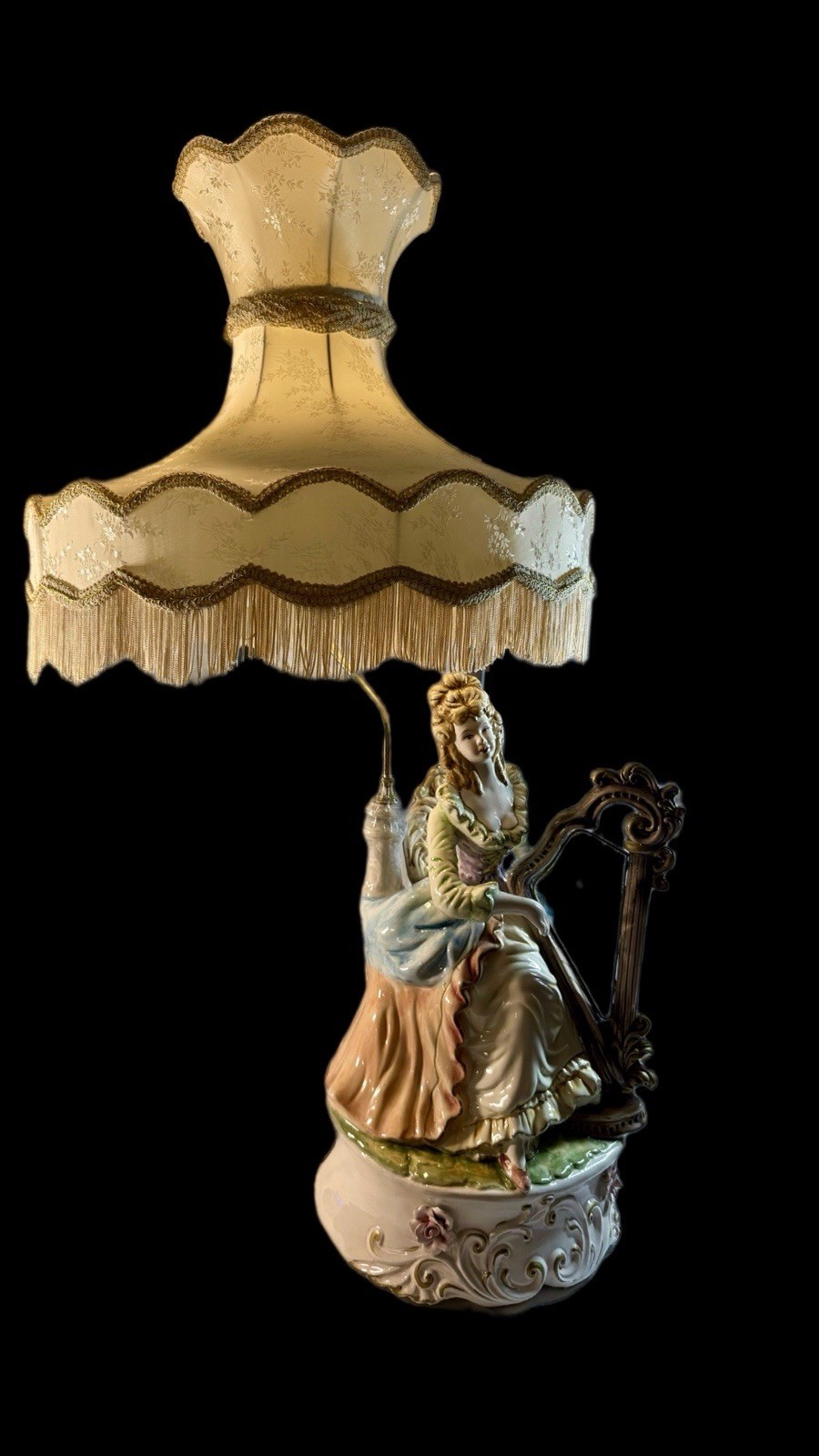 VTG Capodimonte LARGE Figural Table Lamp W/Shade Lady Playing Harp 40 In Tall