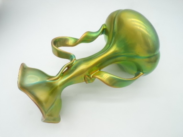 Antique Green Iridescent Art Nouveau Zsolnay Eosin Lustre Ribbon Ear Vase