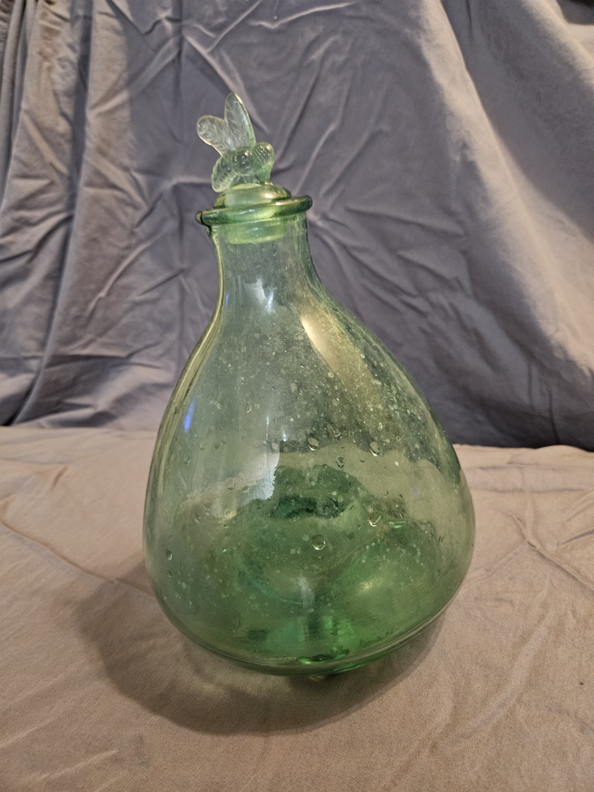 Vintage Handmade Green BubbleGlass Fly Wasp Bee Catcher Jar w/Flying Bee Stopper