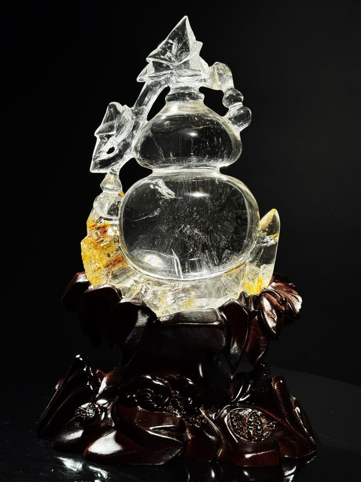 16.3LB TOPNatural Yellow gum flower clear quartz gourd crystal hand carved+stand