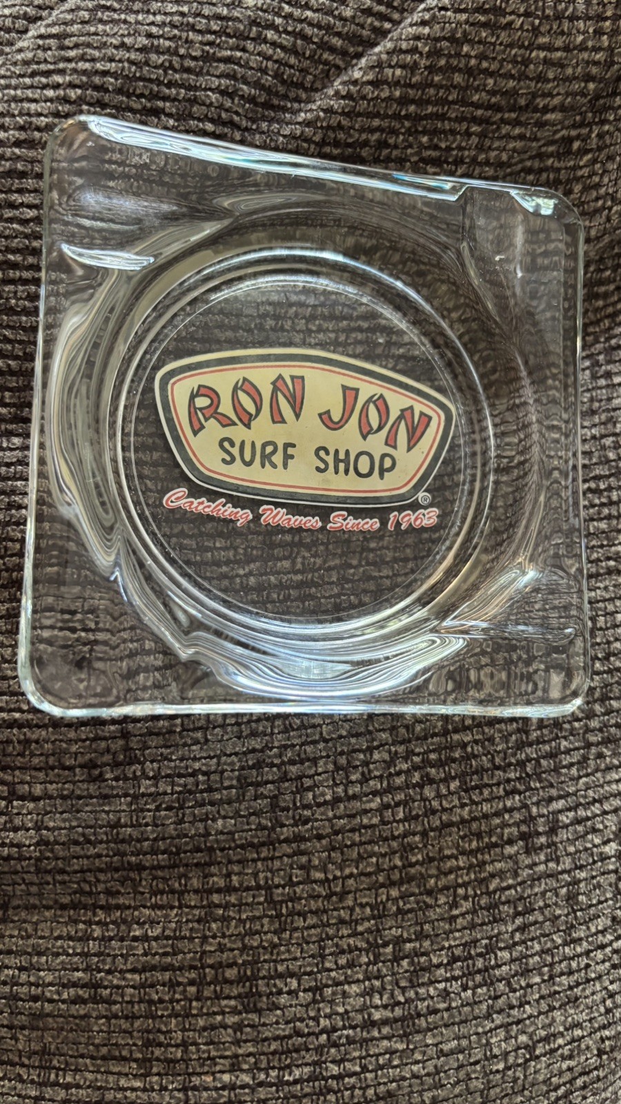 VINTAGE Ron Jon Surf Shop clear glass square Ash Tray/ catching waves since 1963