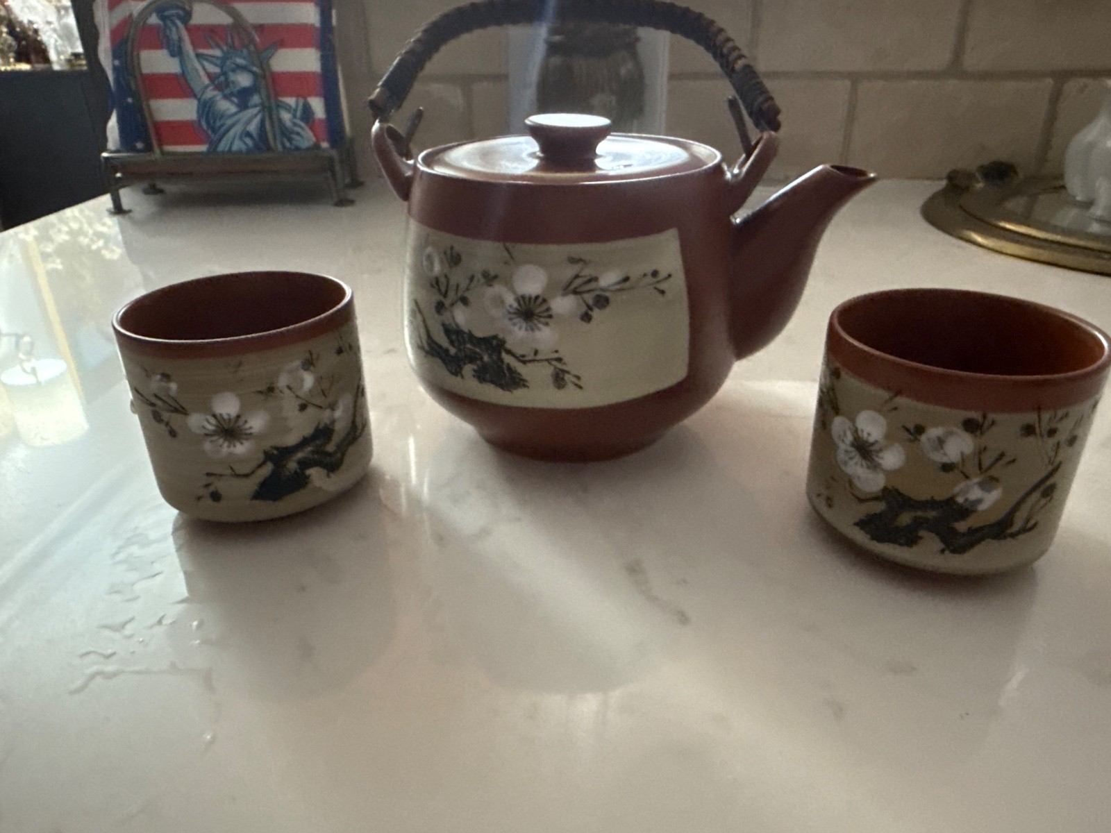 Asian Burnt Orange Cherry Blossoms 3 Clay cups Teapot Kafuh Made in Japan