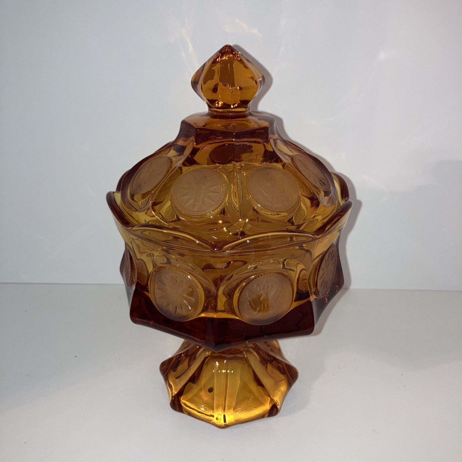 Vintage Fostoria Coin Glass Pattern Amber Covered Pedestal Candy Dish 8-Sided