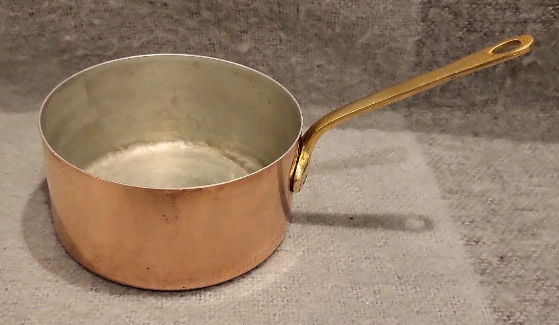Vintage French Copper Saucepan Brass Handle Tin Lined (6in x 3in) France