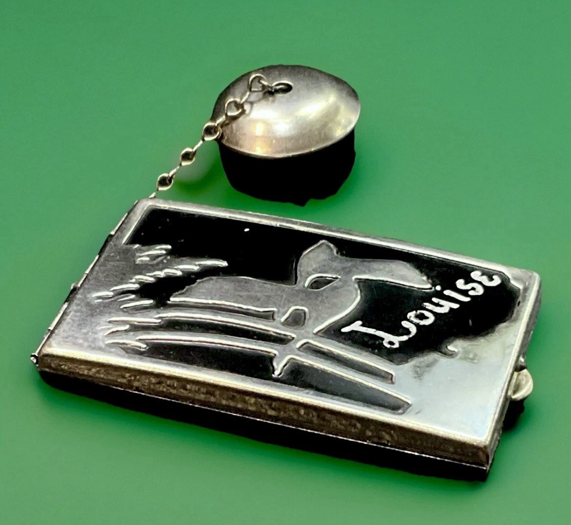 Antique Black Enamel Combination Compact Tango Lip Color Bird Trees