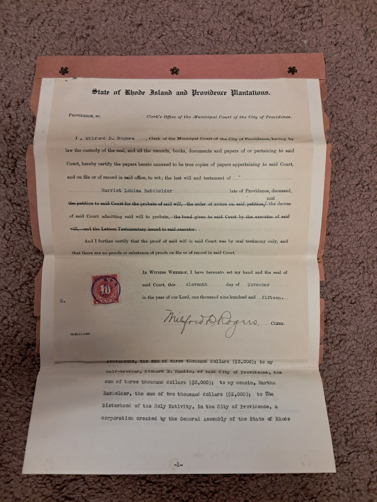 Last Will and Testament 1913 Rhode Island And Providence Plantations