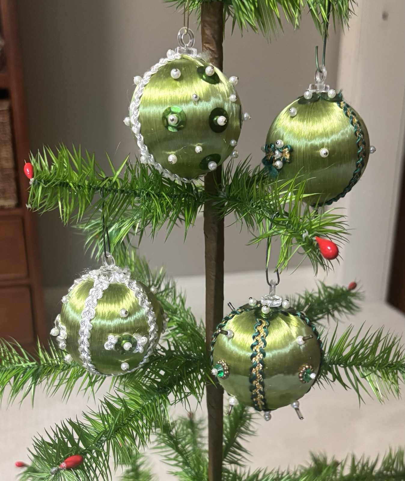 4 Vintage Mid Century Satin Sheen Christmas Ornaments Hand Decorated Push Pin 4 Vintage Mid Century Satin Sheen Christmas Ornaments Hand Decorated Push Pin