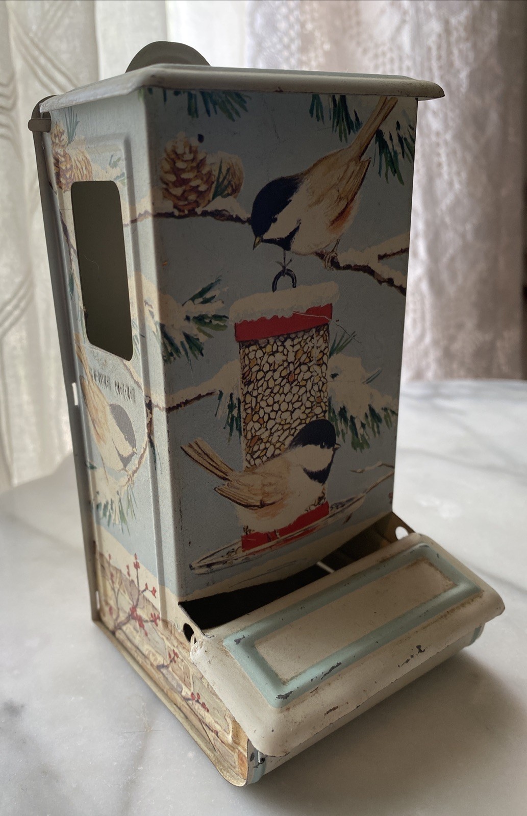 Vintage Jasco Hong Kong Metal Tin MatchBox Wall Holder Birds at Bird Feeder