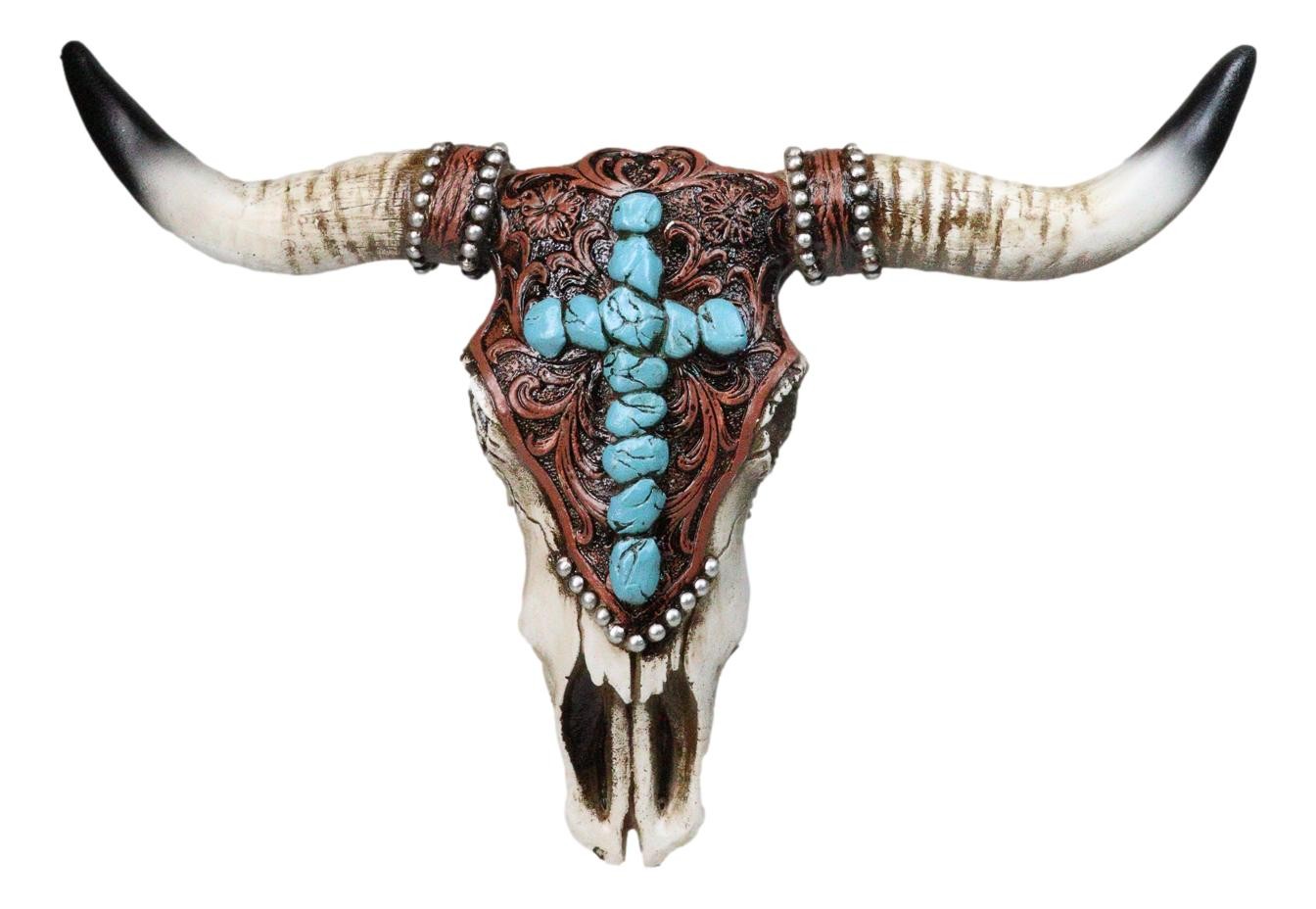 Southwest Steer Cow Skull With Turquoise Cross Tooled Leather Motif Wall Decor