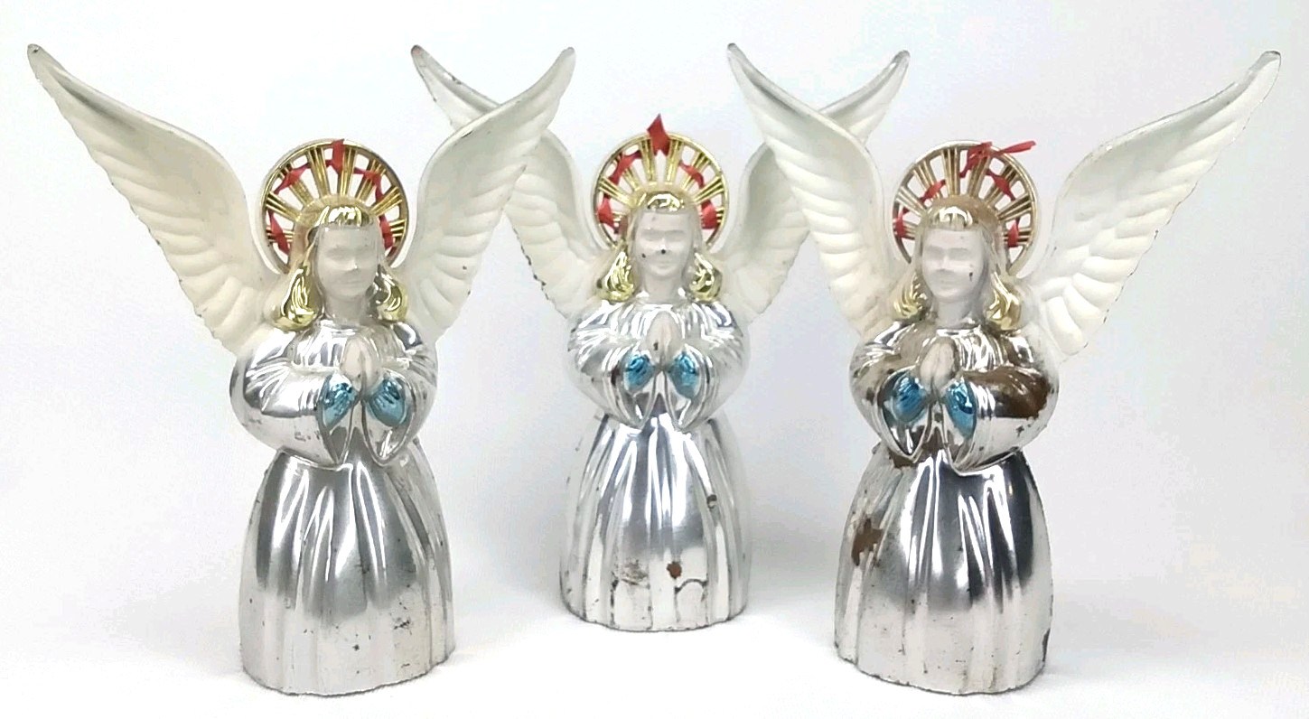 Vintage 1950s Bradford Novelty Silver Plastic Angel Christmas Ornament Set Of 3