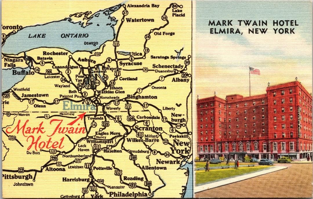 Vintage Elmira New York NY Postcard 1930-1950 Mark Twain Hotel with Map