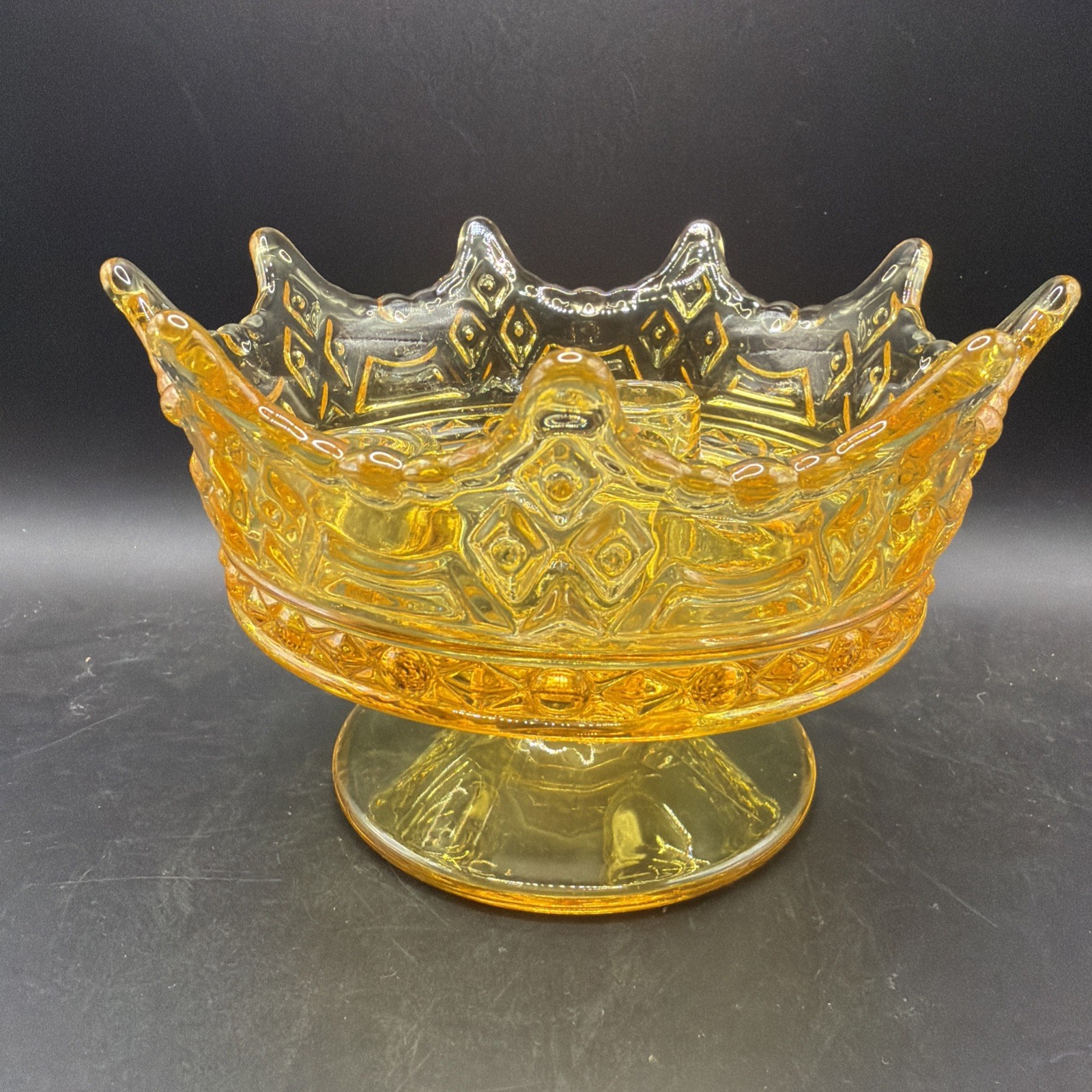 Vintage Fostoria Luxembourg Crown Footed Trindle Bowl Candle Holder Honey Yellow