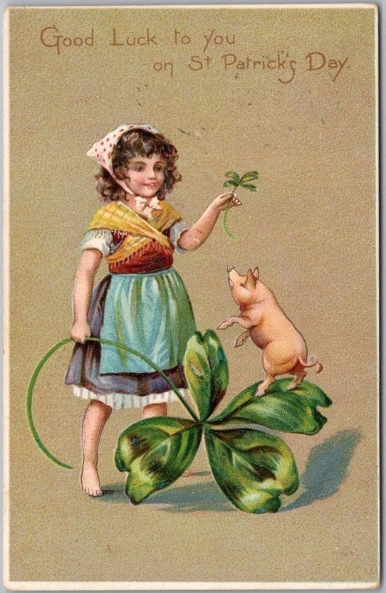 c1900s Tuck\'s ST. PATRICK\'S DAY Embossed Postcard Girl w/ Pig & 4-Leaf Clover