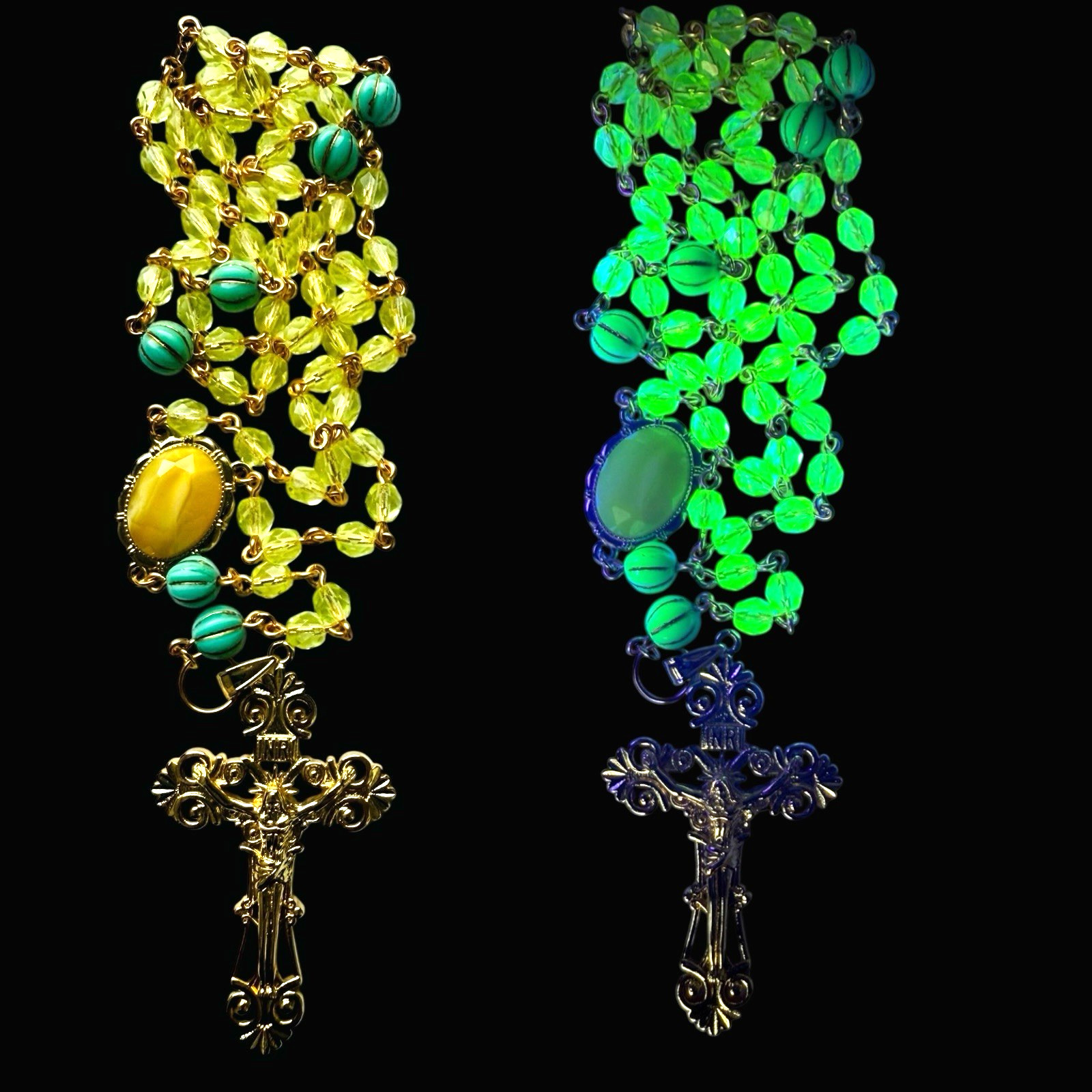 Heirloom Uranium Glass Holy Rosary 10k GF Green W Faceted Custard Gem T2
