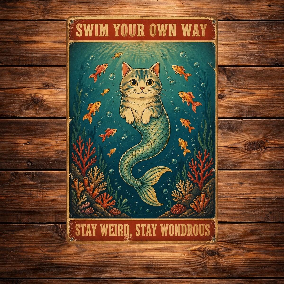Whimsical Mermaid Cat Metal Sign Unique Wall Art Decor