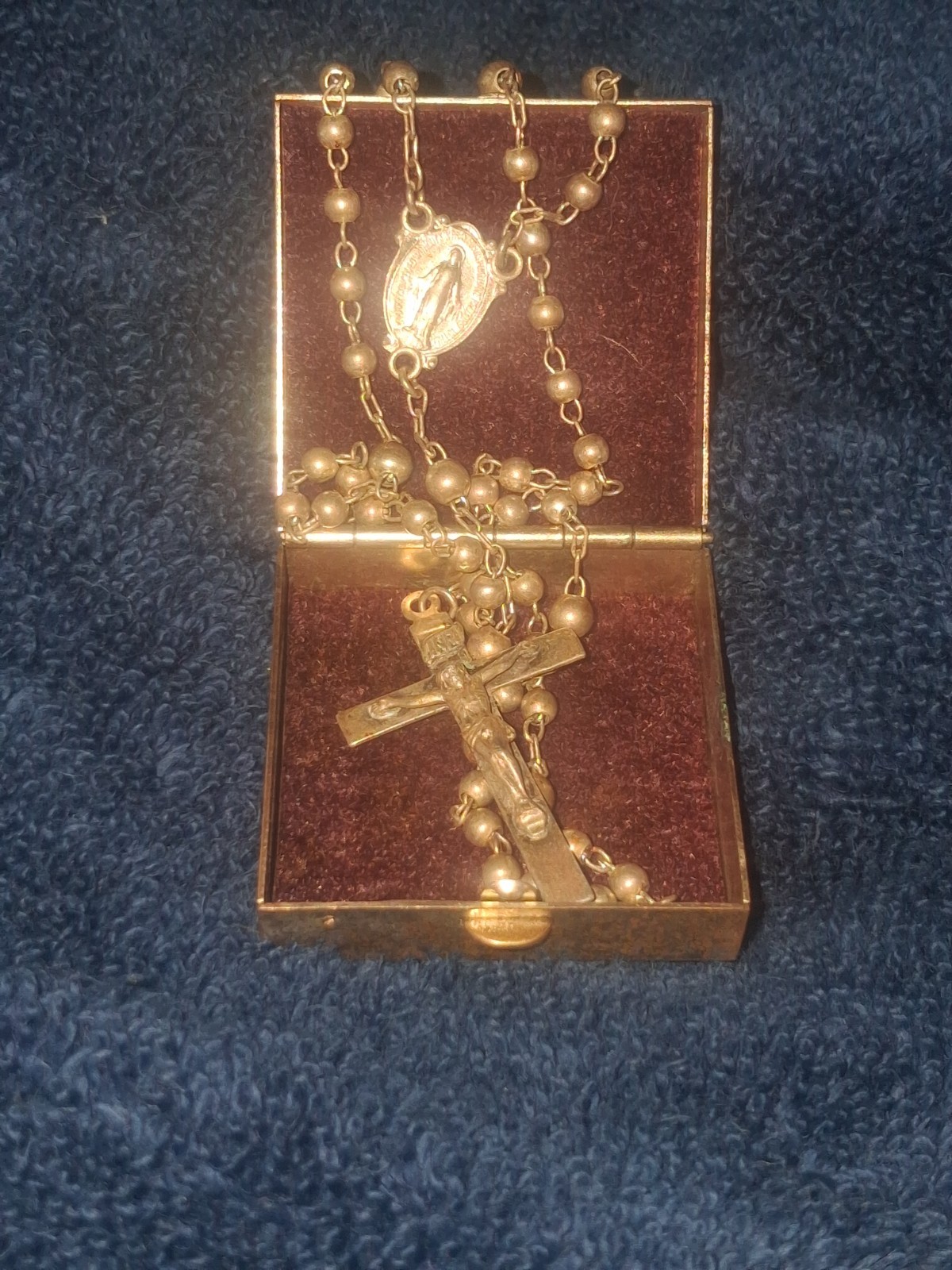 Vintage Sterling Rosary Bead Necklace INRI Cross & Metal Keepsake Box