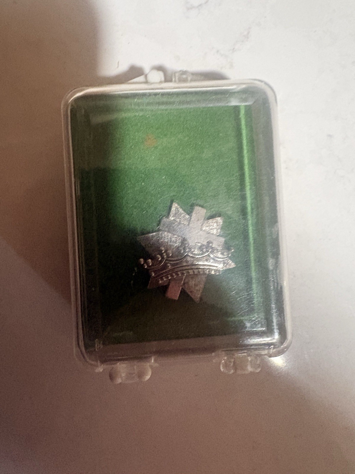 Vintage 1981 FOI Genuine Sterling Silver Pinback Cross & Crown MINT