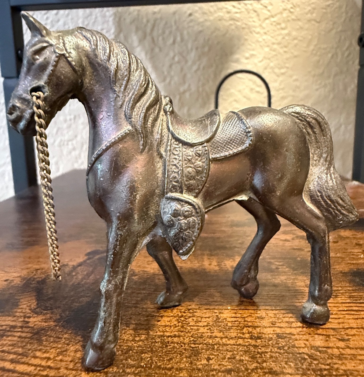 Vintage Mini 1950s Carnival Fair Souvenir Cast Metal Western Mount Horse w Chain