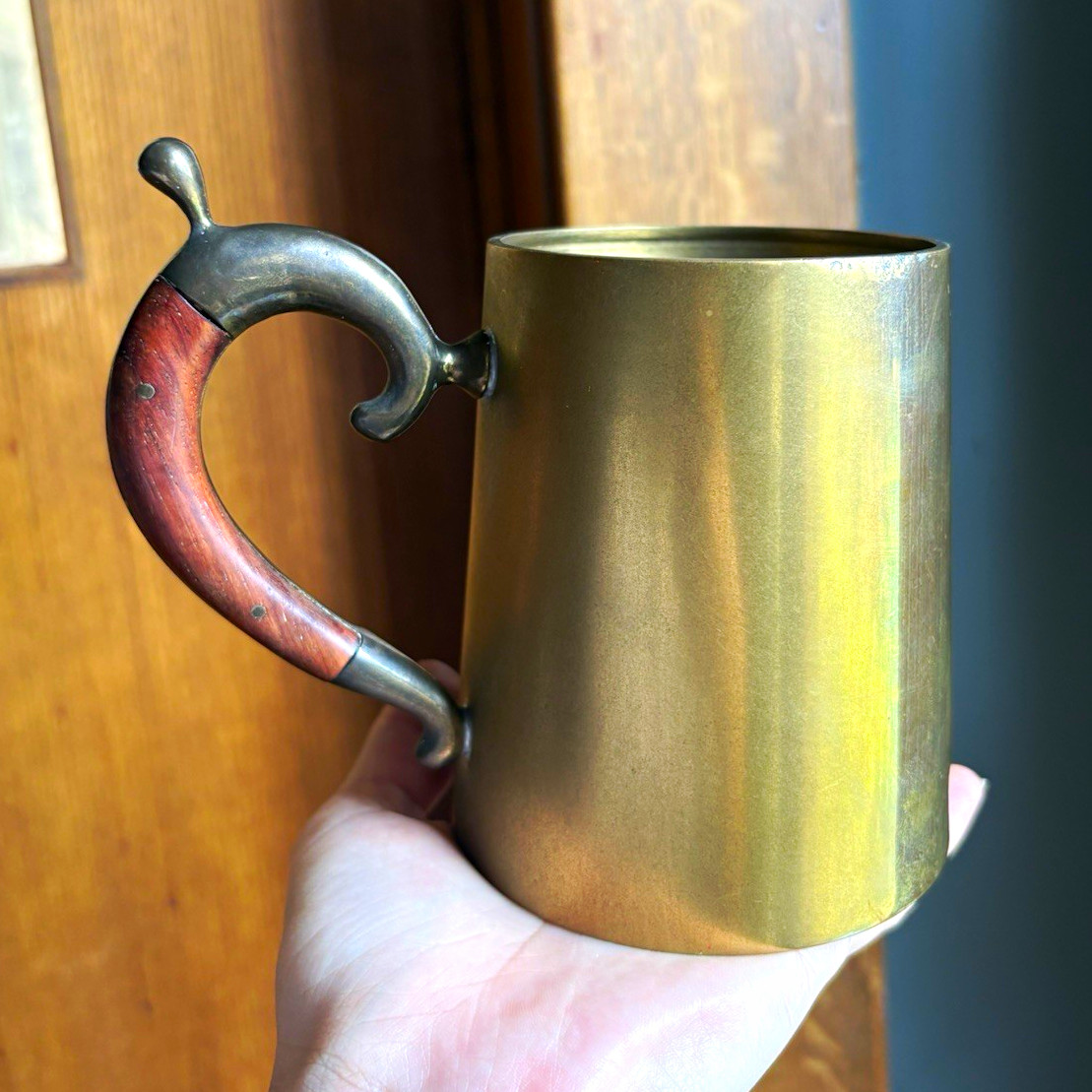 6 Brass Metal Mug/stein with wood Handle.