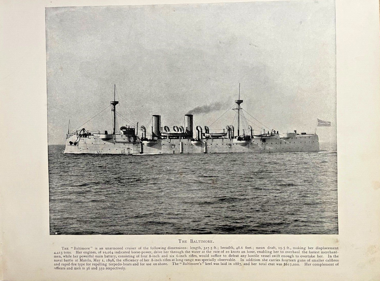 1898 Vintage Illustration Unarmored Cruiser The Baltimore Spanish American War
