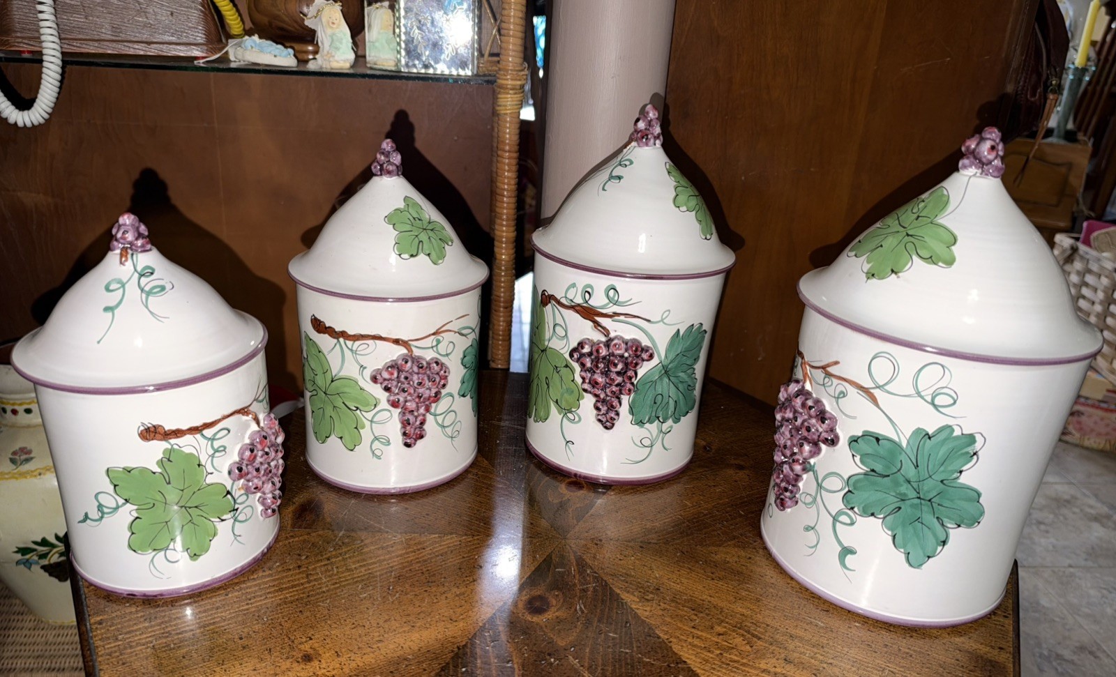 Vintage Set 4 Hand Painted Ceramic Canisters Lidded Grape Relief Grapevine Italy