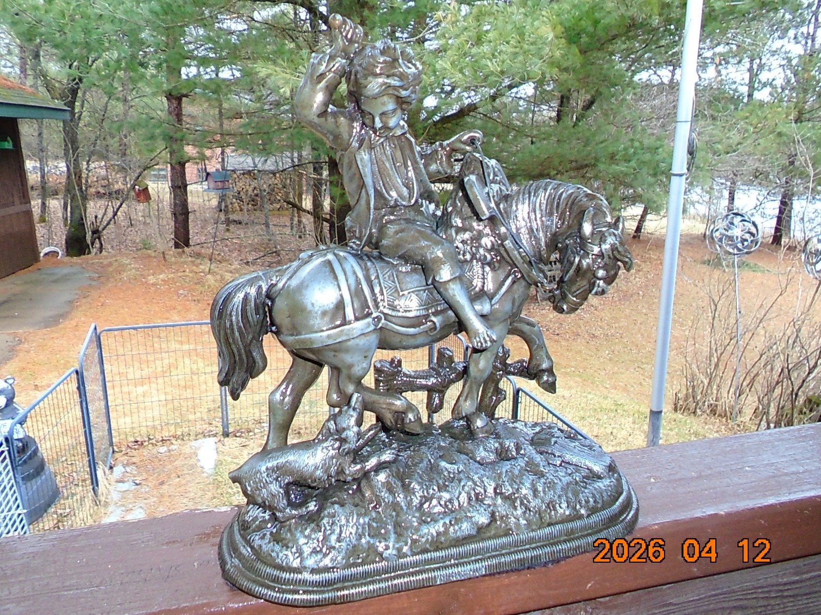 Antique Bronze Metal Art Sculpture Statue Boy Riding on a Horse with Dog 10.5\