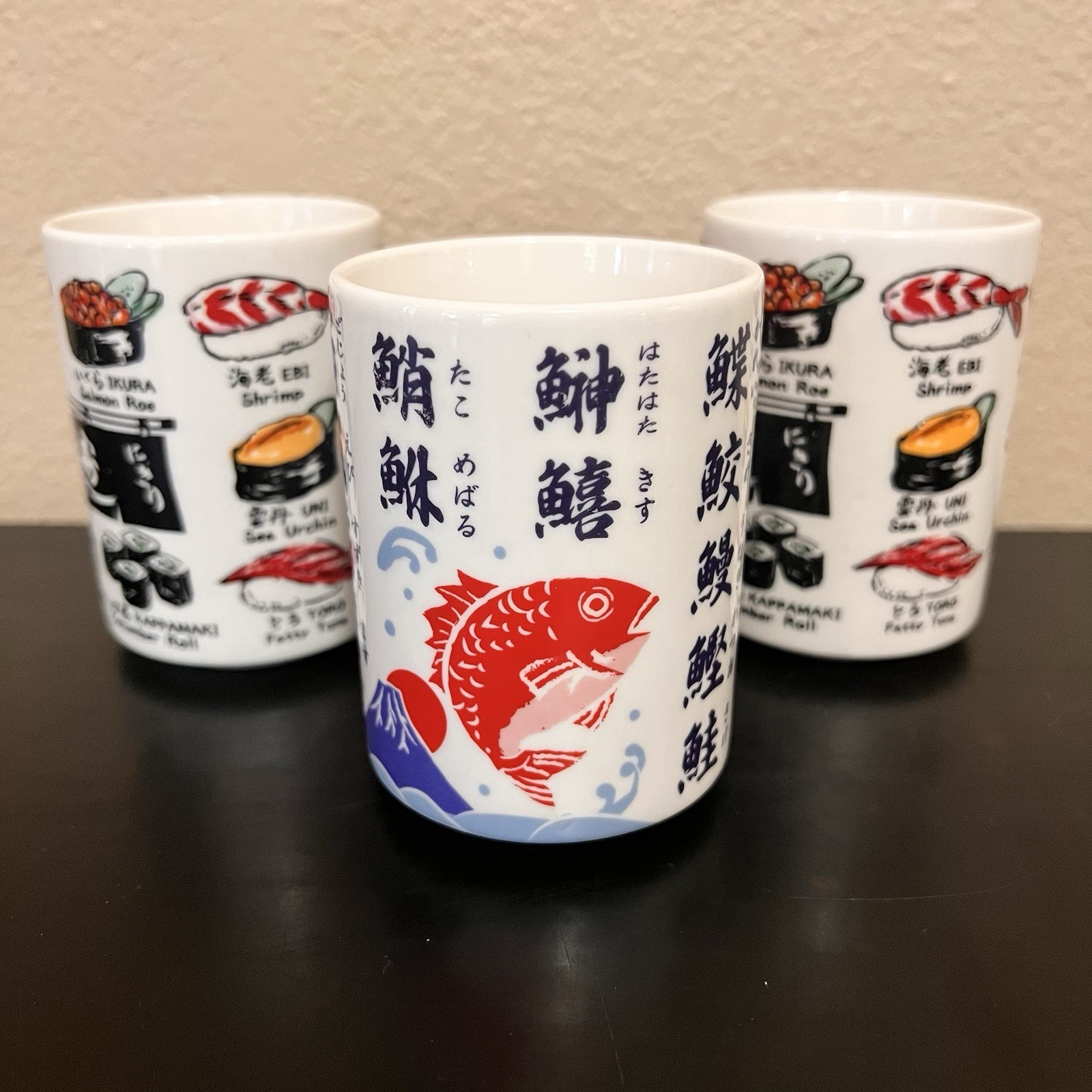 (3)  Lot of 3 Japanese Sushi Yunomi Tea Cup Sushi Design Ceramic Mug Japan