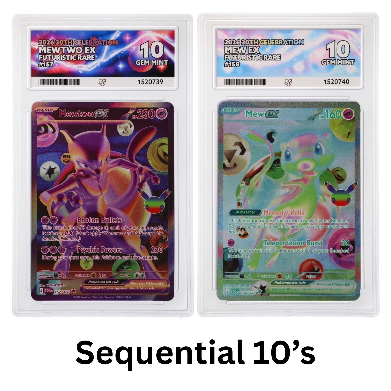Sequential Futuristic Mewtwo Ex 157/128 & Mew Ex 158/128 ACE 10 30th Celebration