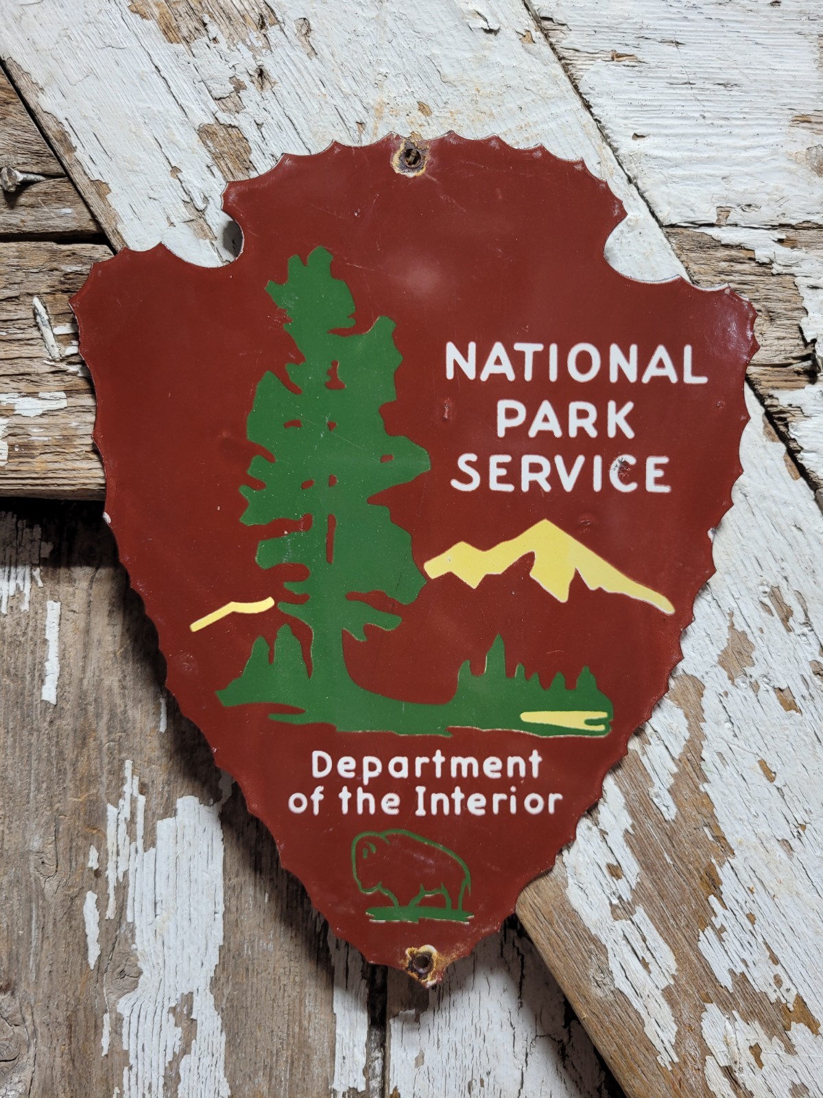 VINTAGE NATIONAL PARK PORCELAIN SIGN OLD DEPARTMENT OF INTERIOR ARROWHEAD FOREST