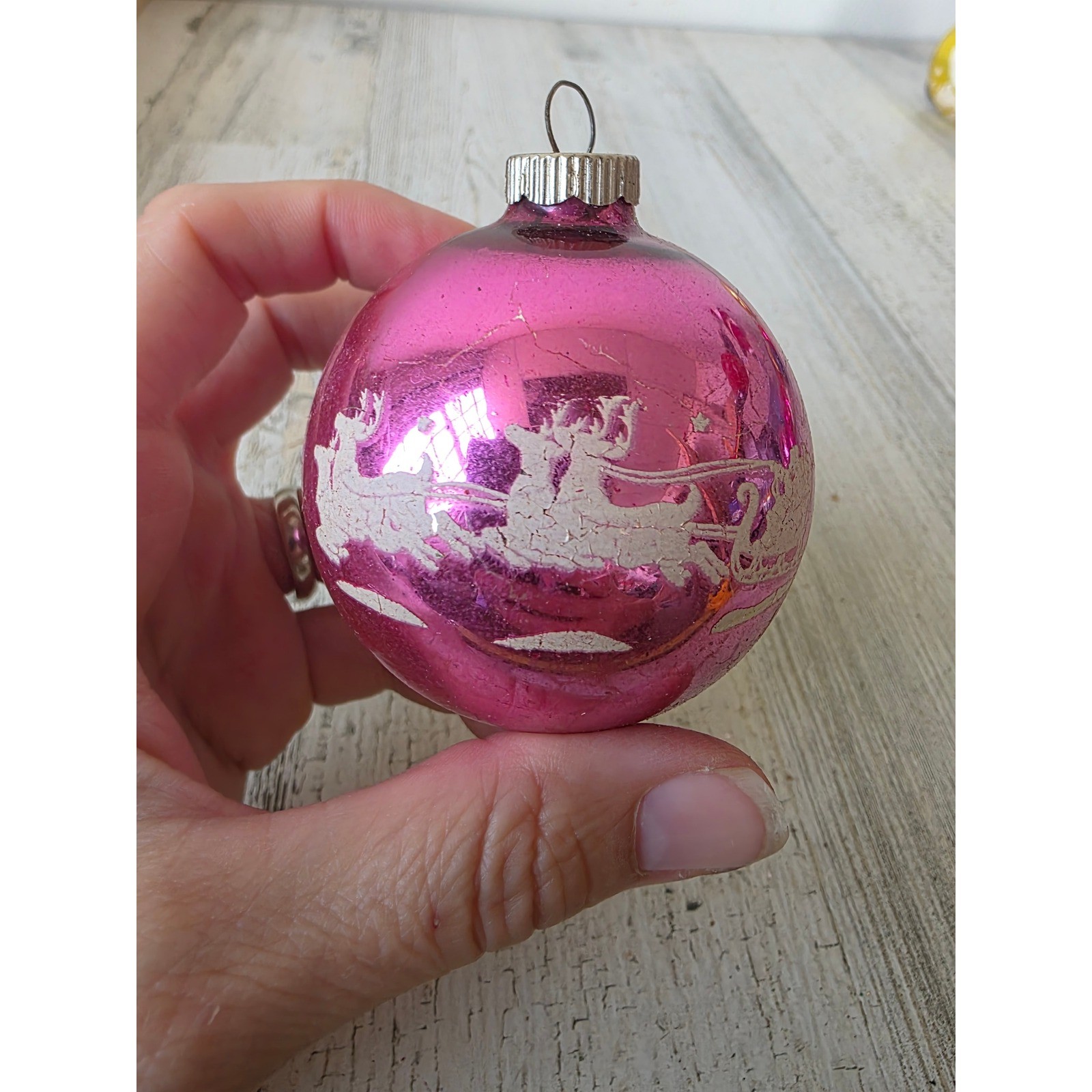 Vintage shiny Brite pink reindeer stencil sleigh Santa ornament Xmas tree