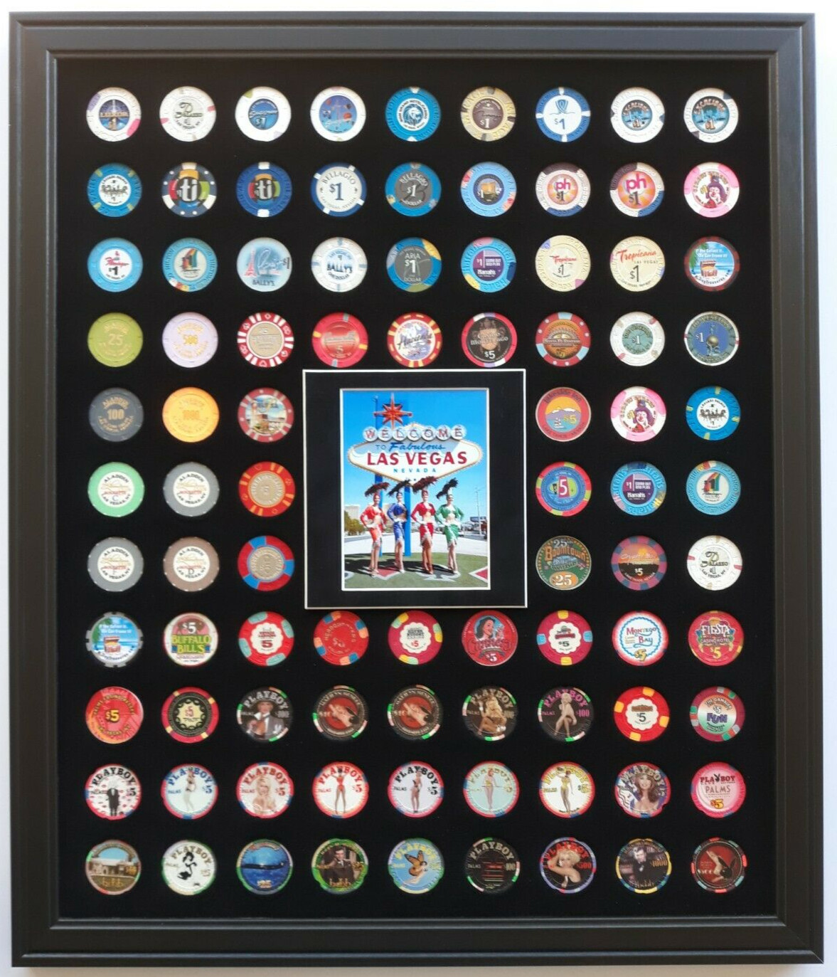 90 CASINO POKER CHIPS (NOT INCLUDED) LAS VEGAS SIGN WALL DISPLAY PICTURE FRAME