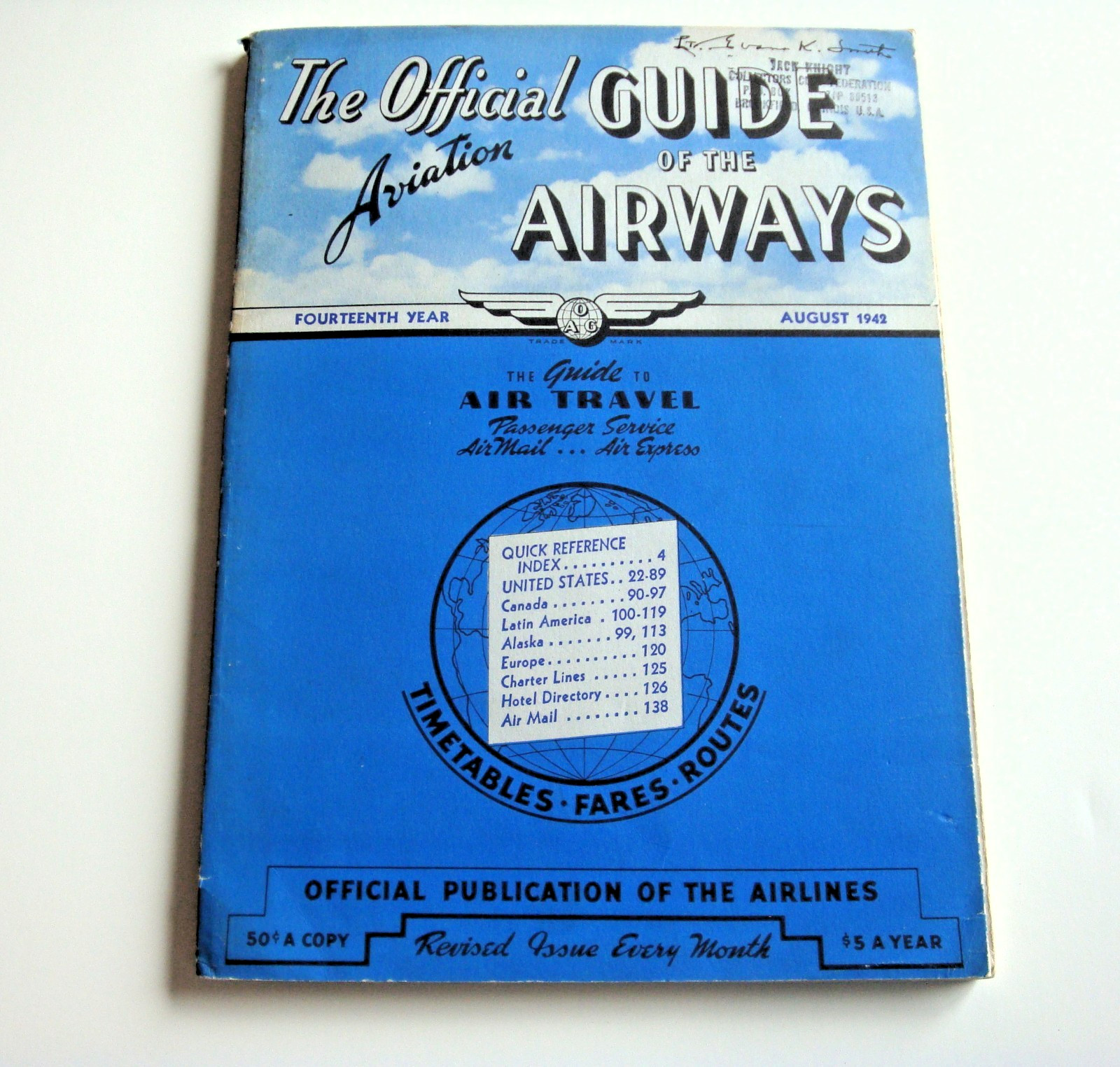OAG OFFICIAL GUIDE OF THE AIRWAYS AVIATION August 1942 FOLD OUT MAP ORIGINAL