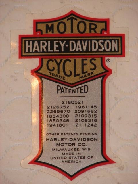 HARLEY DAVIDSON VINTAGE PATENT PATENTED SMALL DECAL (INSIDE) 2 X 1.25 NEW