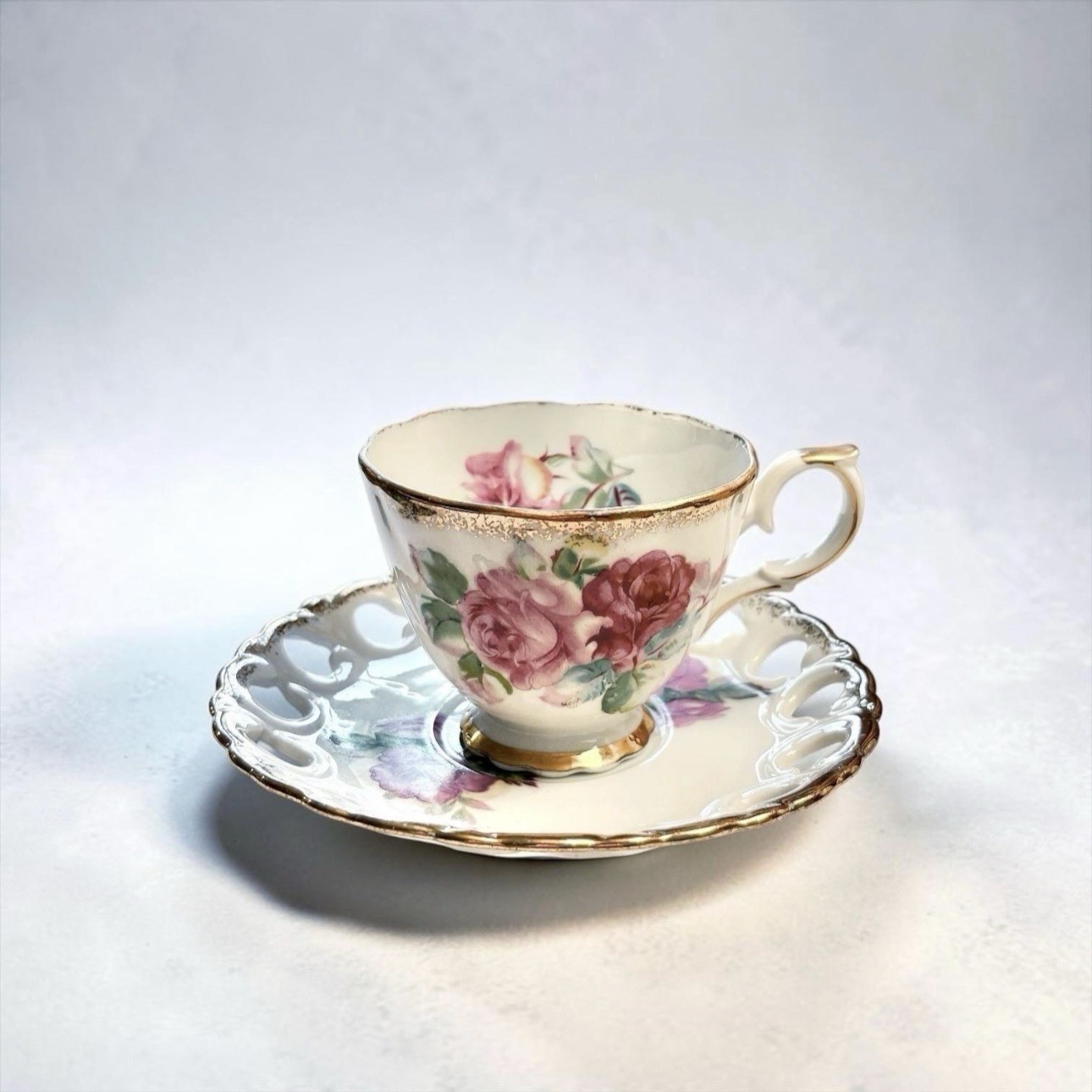 Vintage Ucagco Porcelain Teacup and Saucer Set Pink Roses Gold Trim Reticulated