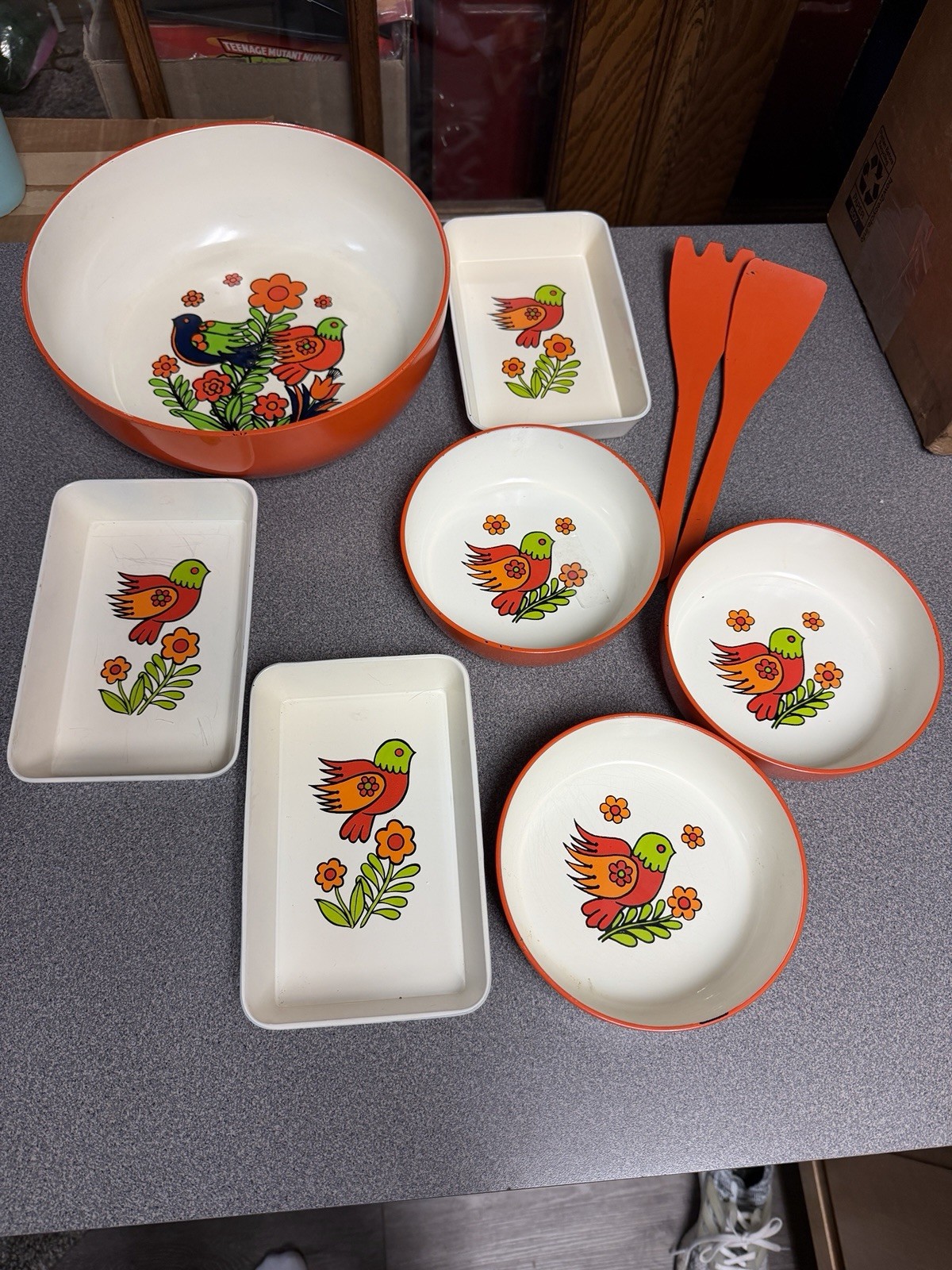 Vintage Lacquerware Orange Retro Bird 7pc L Set w/ 2pc Spatulas Wow Vintage Lacquerware Orange Retro Bird 7pc L Set w/ 2pc Spatulas Wow