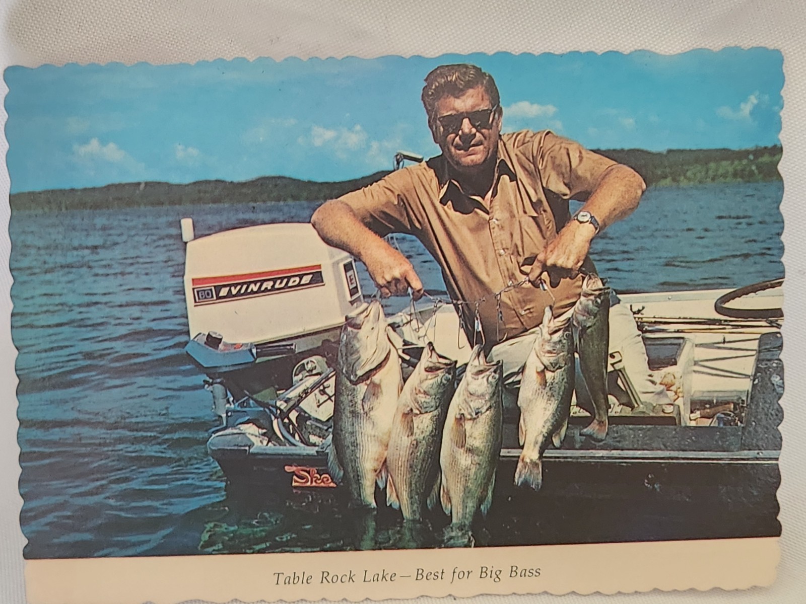 VTG Postcard Table Rock Lake Missouri OZARKS Evinrude Boat Motor Big Bass 1970