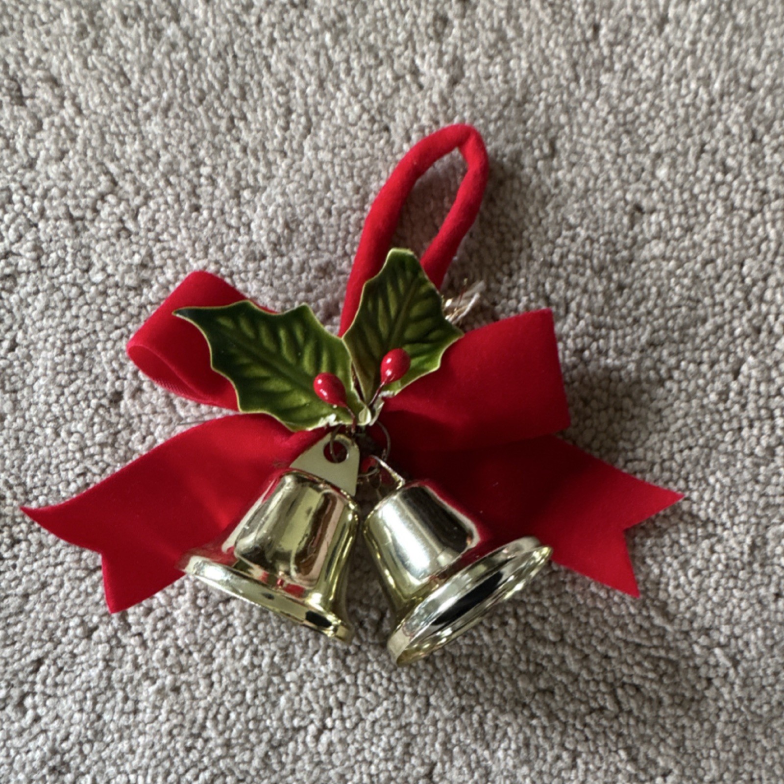 Christmas Double Jingle Bells Hanging Ornament Metal w/ Red Ribbon & Holly