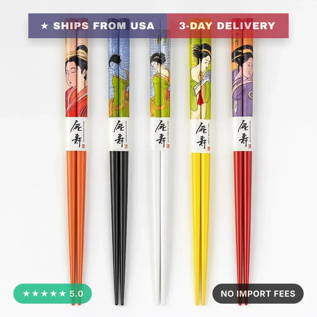 5-Pair Bamboo Chopsticks Set, Japanese Geisha Design, 5 Colors, Reusable Wooden