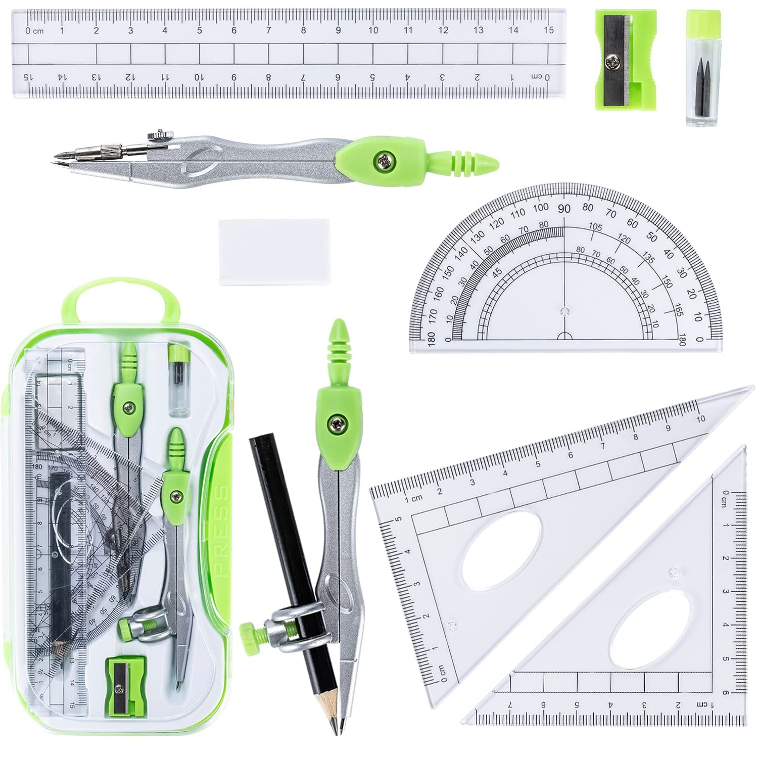 10 Pieces Math Geometry Kit Set with Shatterproof Storage Box, Student Suppli...