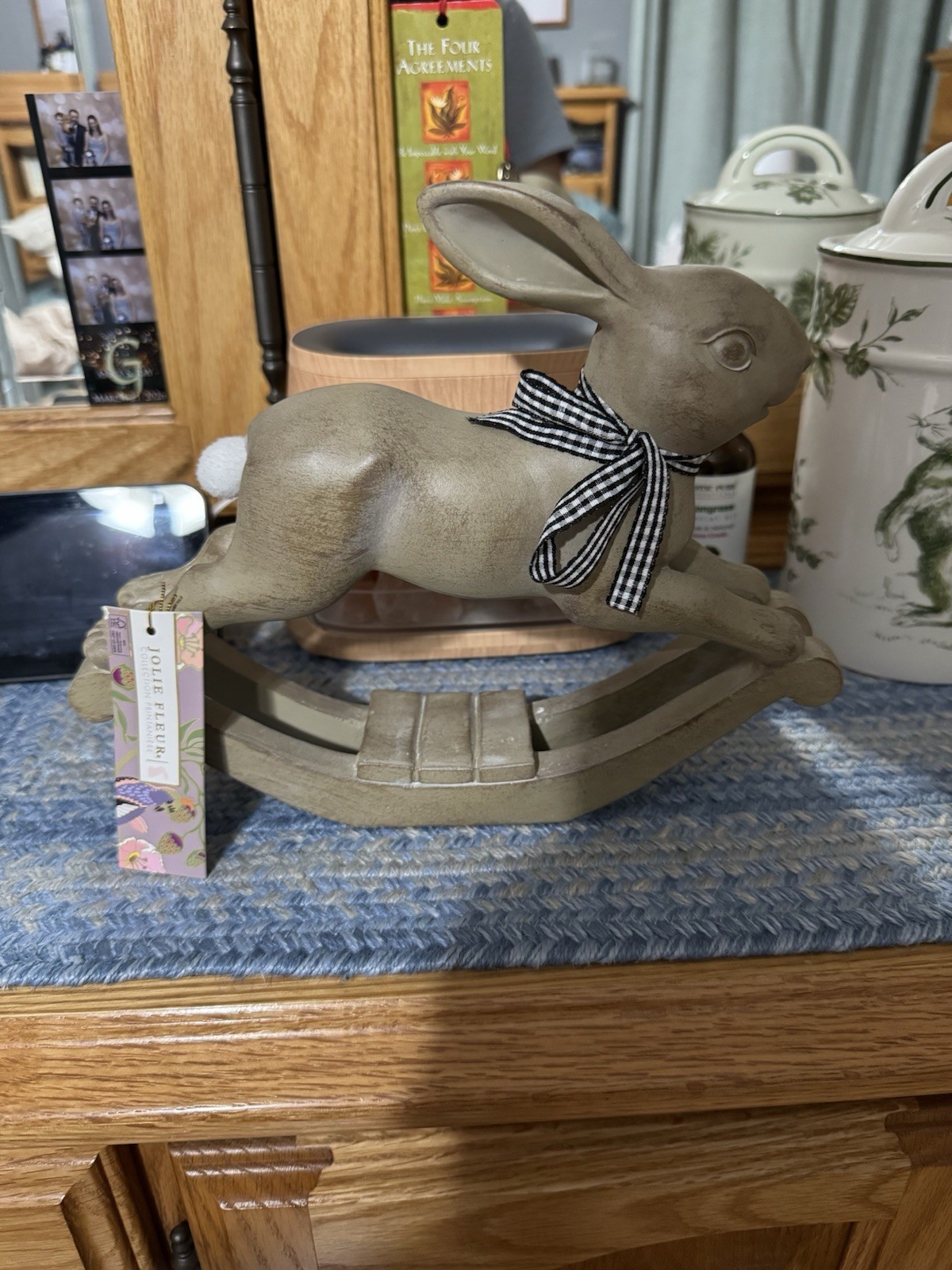 NWT Jolie Fleur Whimsical Rabbit Rocking Horse Bunny Decor with Bow Farmhouse