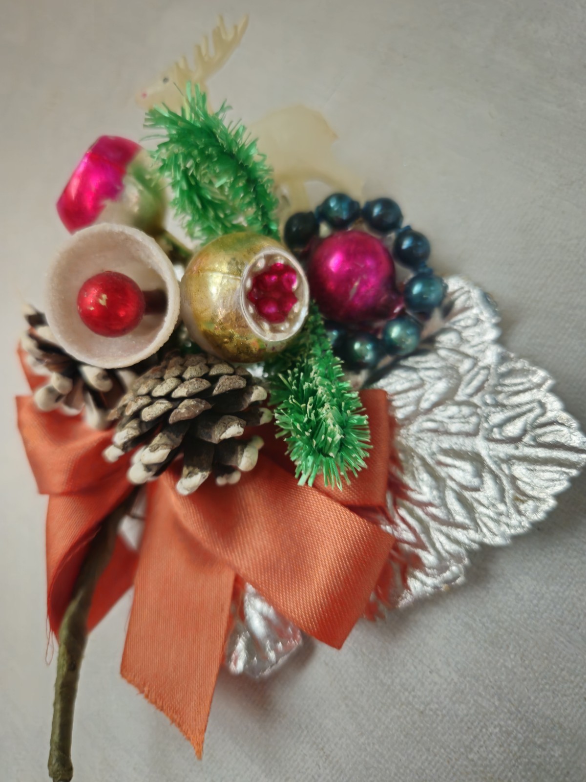 MCM Vintage Corsage Christmas Mercury Glass Silver Foil Leaf Ribbon Box