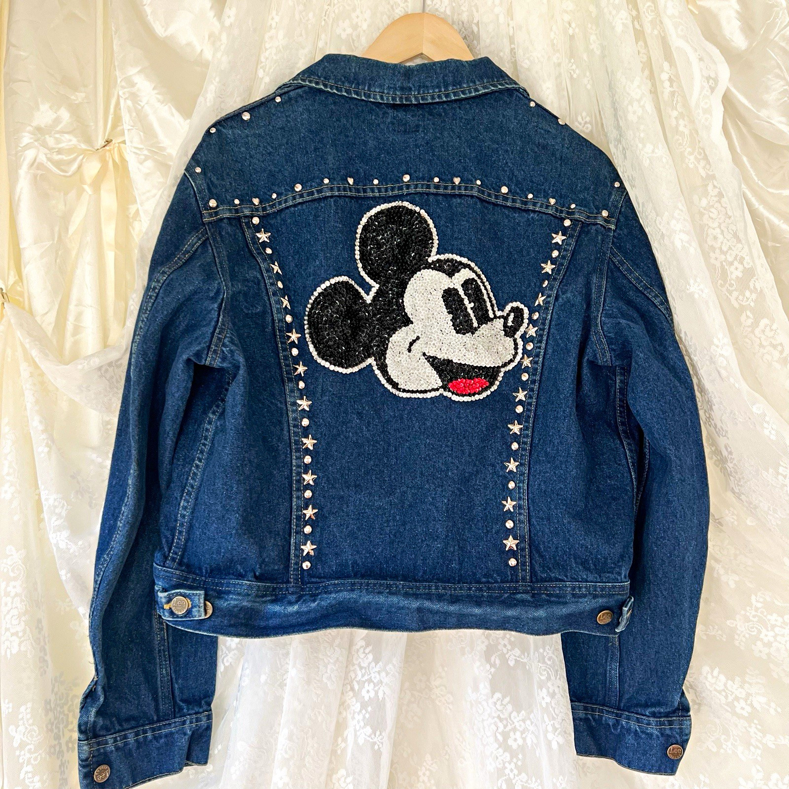 Vintage Lee Made in USA Mickey Mouse Beaded Studded Denim Jacket Y2K Western Vintage Lee Made in USA Mickey Mouse Beaded Studded Denim Jacket Y2K Western