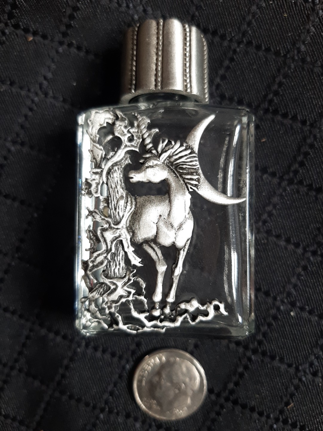 Vintage Perfume Bottle Pewter Decorated Unicorn Horse Moon Tree W/Cap  2.5” VGC 