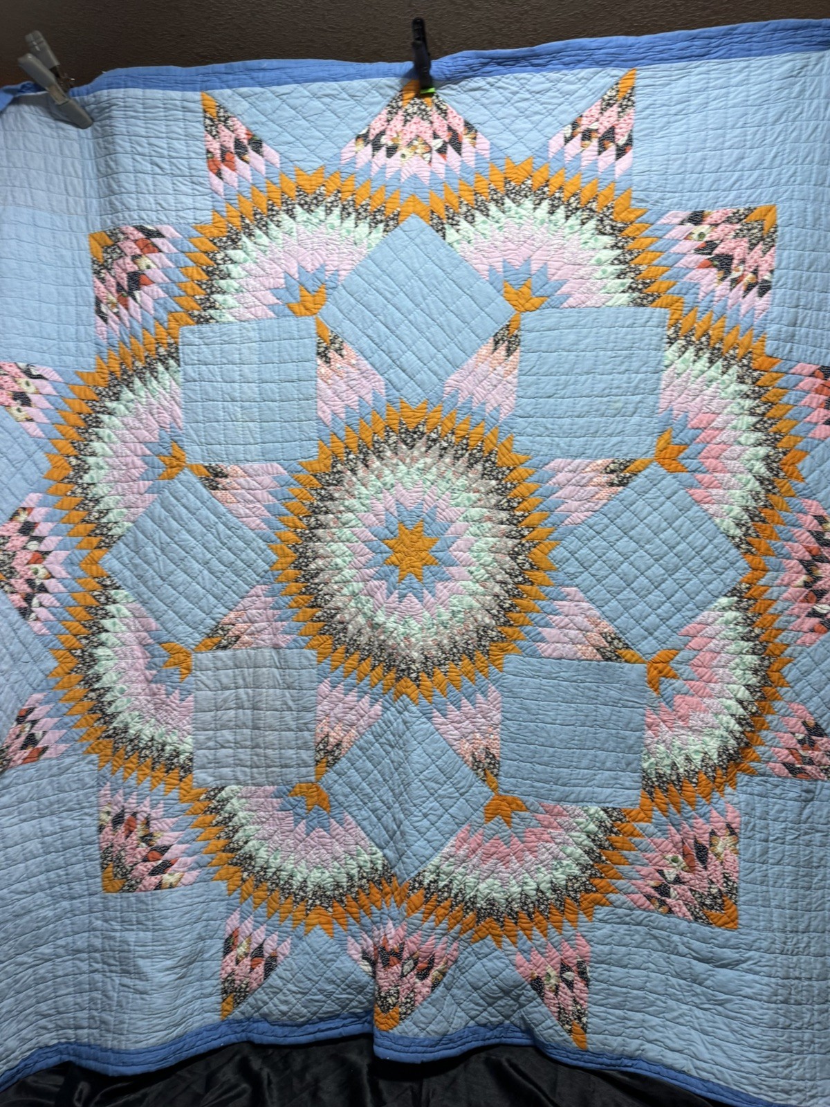 Antique 1920s FeedSack Feathered Star Bethlehem Quilt Exceptional mint 74x78
