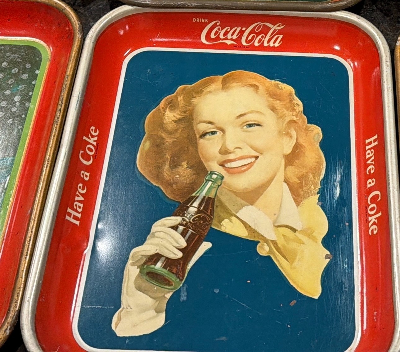 1948 VINTAGE  GIRL WITH RED HAIR DRINKING Coke  METAL TRAY - Solid Backgroun