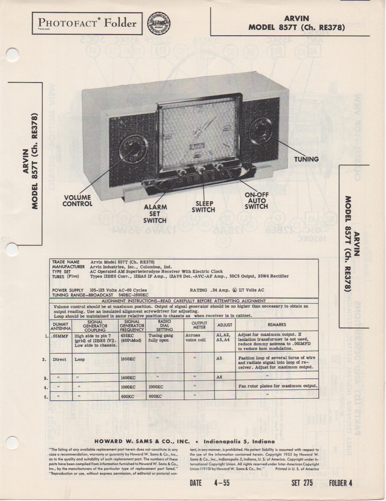 1955 ARVIN 857T CLOCK RADIO SERVICE MANUAL SCHEMATIC PHOTOFACT DIAGRAM REPAIR