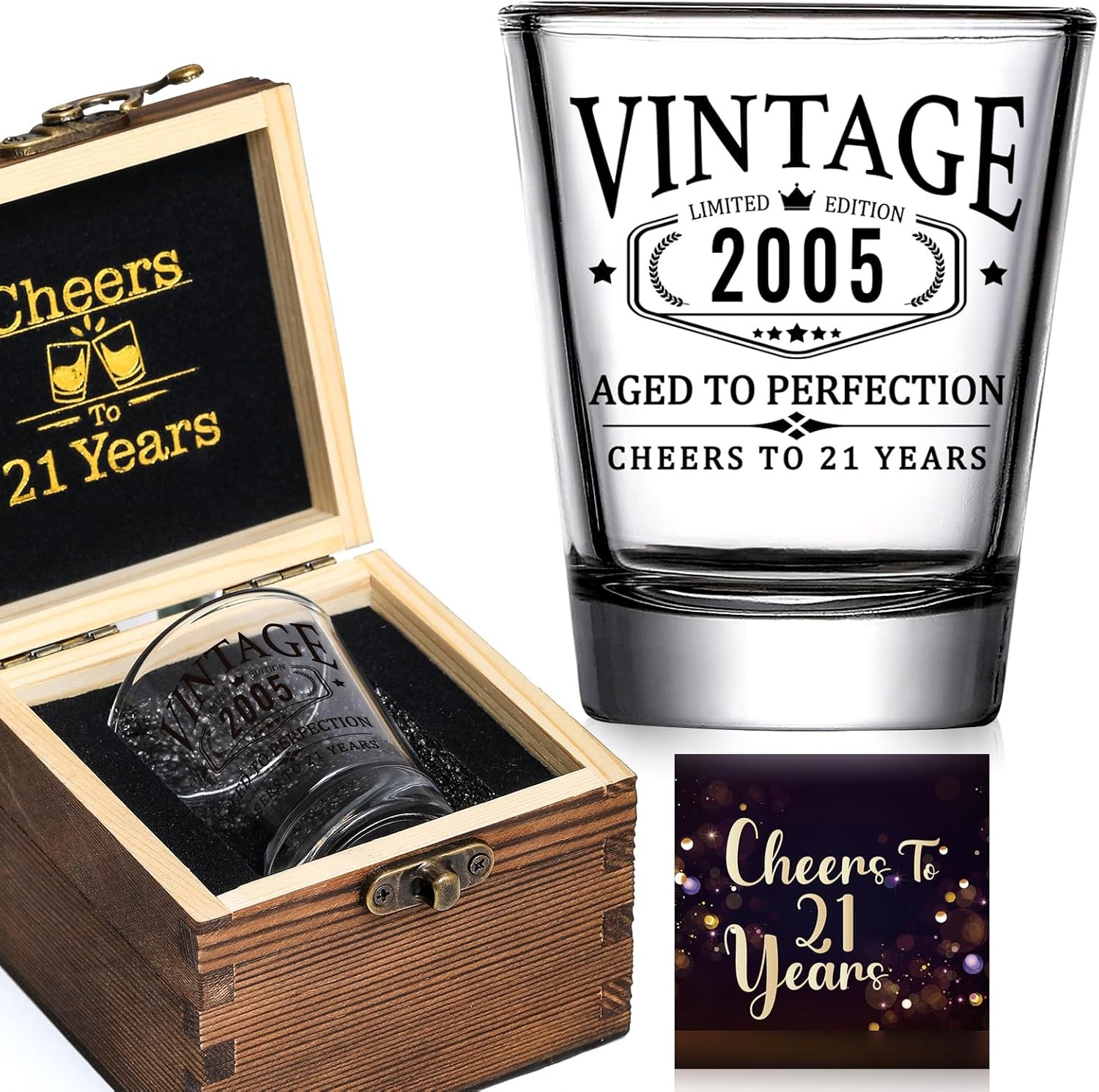 21st Birthday Gifts for Him Her - Limited Edition Shot Glass with Wooden Box