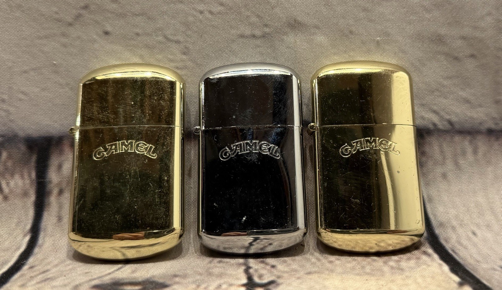 Vintage Camel Cigarettes Lighters Lot of 2 1990\'s Rounded Gold Silver Joe Camel