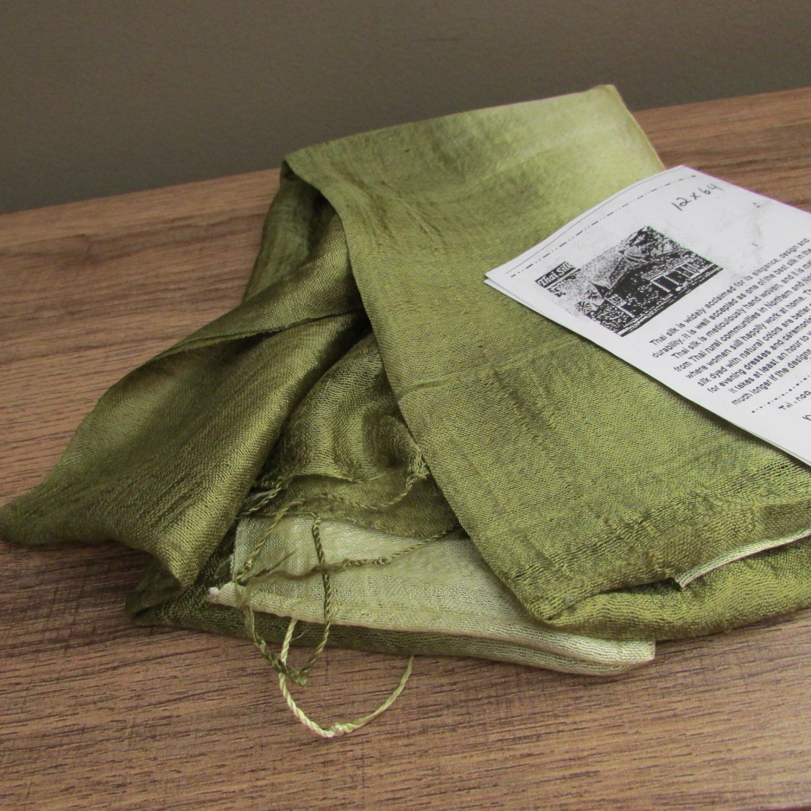 Hand Woven Vintage Thai Silk, olive green fade, 12x64-thailand-new